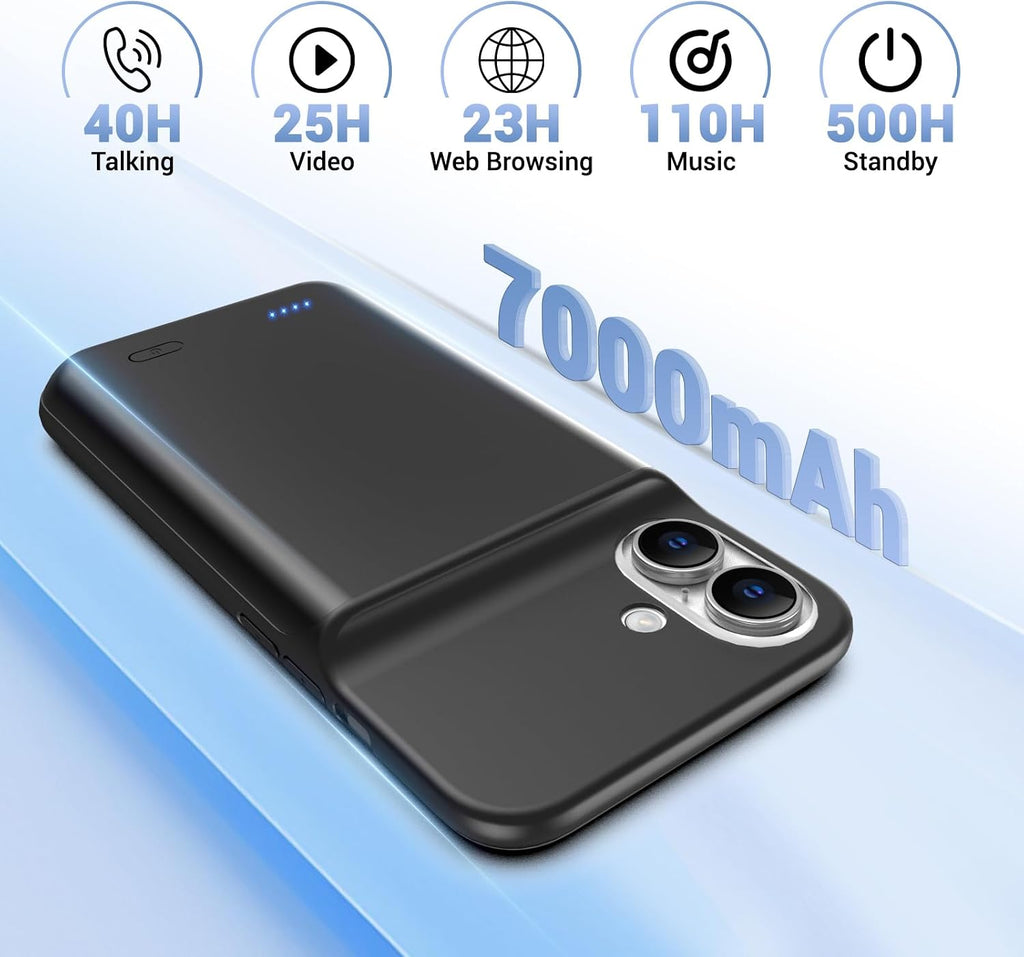 Battery Case for iPhone 16, [2026 Upgraded] 7000mAh Ultra-Slim Portable Charging Case Rechargeable Extended Battery Pack with Tempered Glass Screen Protectorfor iPhone 16 (6.1inch), Black