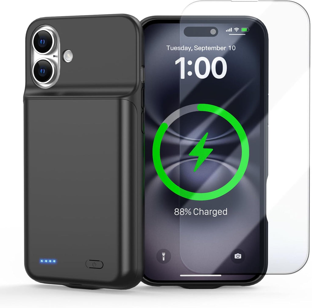 Battery Case for iPhone 16, [2026 Upgraded] 7000mAh Ultra-Slim Portable Charging Case Rechargeable Extended Battery Pack with Tempered Glass Screen Protectorfor iPhone 16 (6.1inch), Black