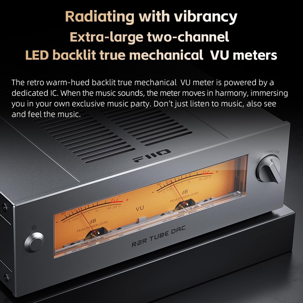FIIO Warmer R2R Desktop Tube Buffer & R2R DAC/Amp – Fully Differential 24-Bit R2R Resistor Ladder, Dual VU Meters, 46W Linear Power Supply, USB/Optical/Coaxial Inputs, RCA/XLR Output (Black)