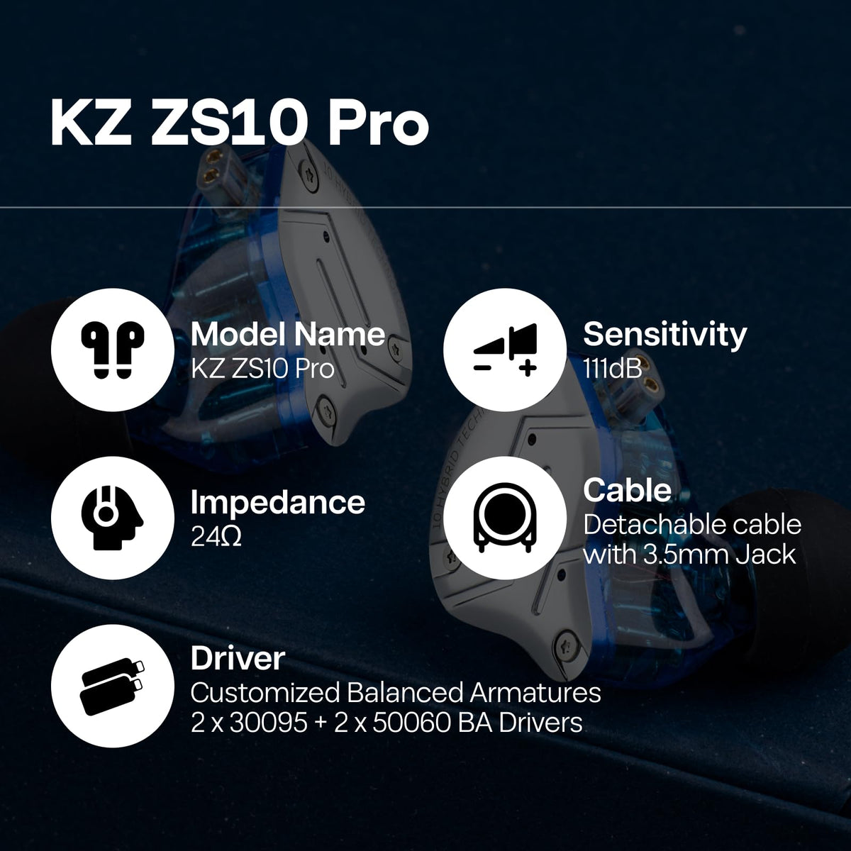 Linsoul KZ ZS10 Pro, 4BA+1DD 5 Driver in Ear Monitor, HiFi Wired Earbuds, Gaming Earbuds, Hybrid IEM Earphones with Stainless Steel Faceplate, Detachable Cable for Musician(Without Mic, Black)