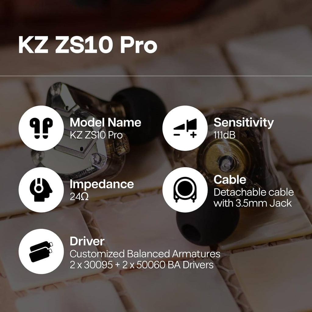 Linsoul KZ ZS10 Pro, 4BA+1DD 5 Driver in Ear Monitor, HiFi Wired Earbuds, Gaming Earbuds, Hybrid IEM Earphones with Stainless Steel Faceplate, Detachable Cable for Musician(Without Mic, Black)