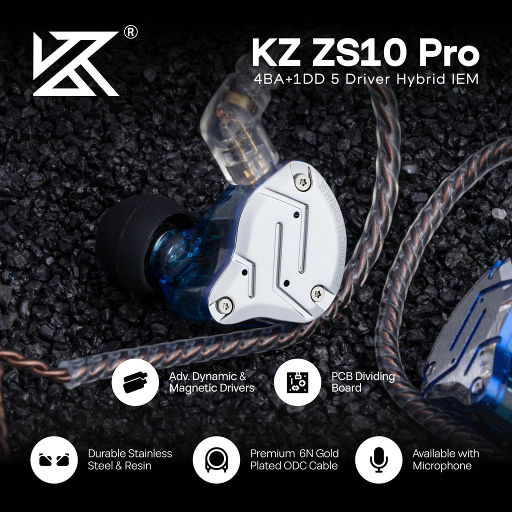 Linsoul KZ ZS10 Pro, 4BA+1DD 5 Driver in Ear Monitor, HiFi Wired Earbuds, Gaming Earbuds, Hybrid IEM Earphones with Stainless Steel Faceplate, Detachable Cable for Musician(Without Mic, Black)