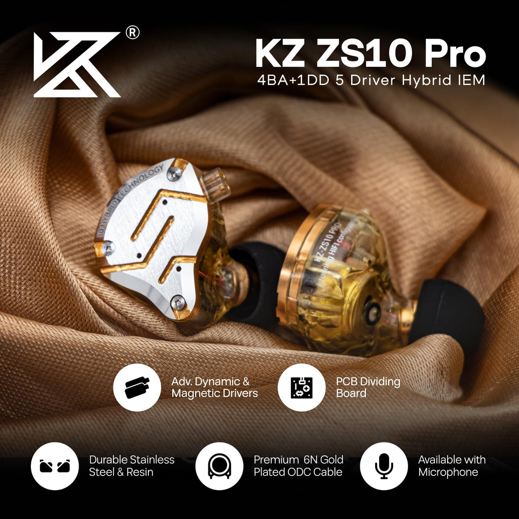 Linsoul KZ ZS10 Pro, 4BA+1DD 5 Driver in Ear Monitor, HiFi Wired Earbuds, Gaming Earbuds, Hybrid IEM Earphones with Stainless Steel Faceplate, Detachable Cable for Musician(Without Mic, Black)
