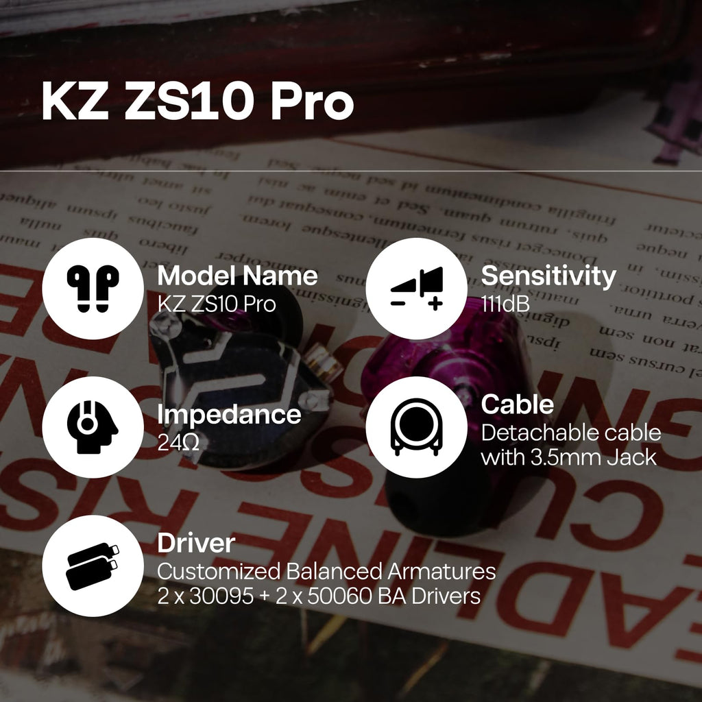 Linsoul KZ ZS10 Pro, 4BA+1DD 5 Driver in Ear Monitor, HiFi Wired Earbuds, Gaming Earbuds, Hybrid IEM Earphones with Stainless Steel Faceplate, Detachable Cable for Musician(Without Mic, Black)