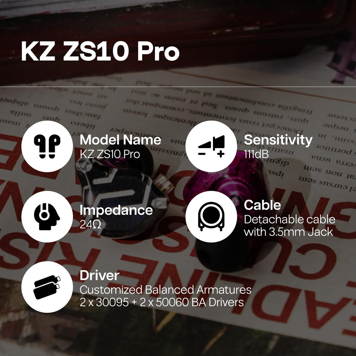 Linsoul KZ ZS10 Pro, 4BA+1DD 5 Driver in Ear Monitor, HiFi Wired Earbuds, Gaming Earbuds, Hybrid IEM Earphones with Stainless Steel Faceplate, Detachable Cable for Musician(Without Mic, Black)
