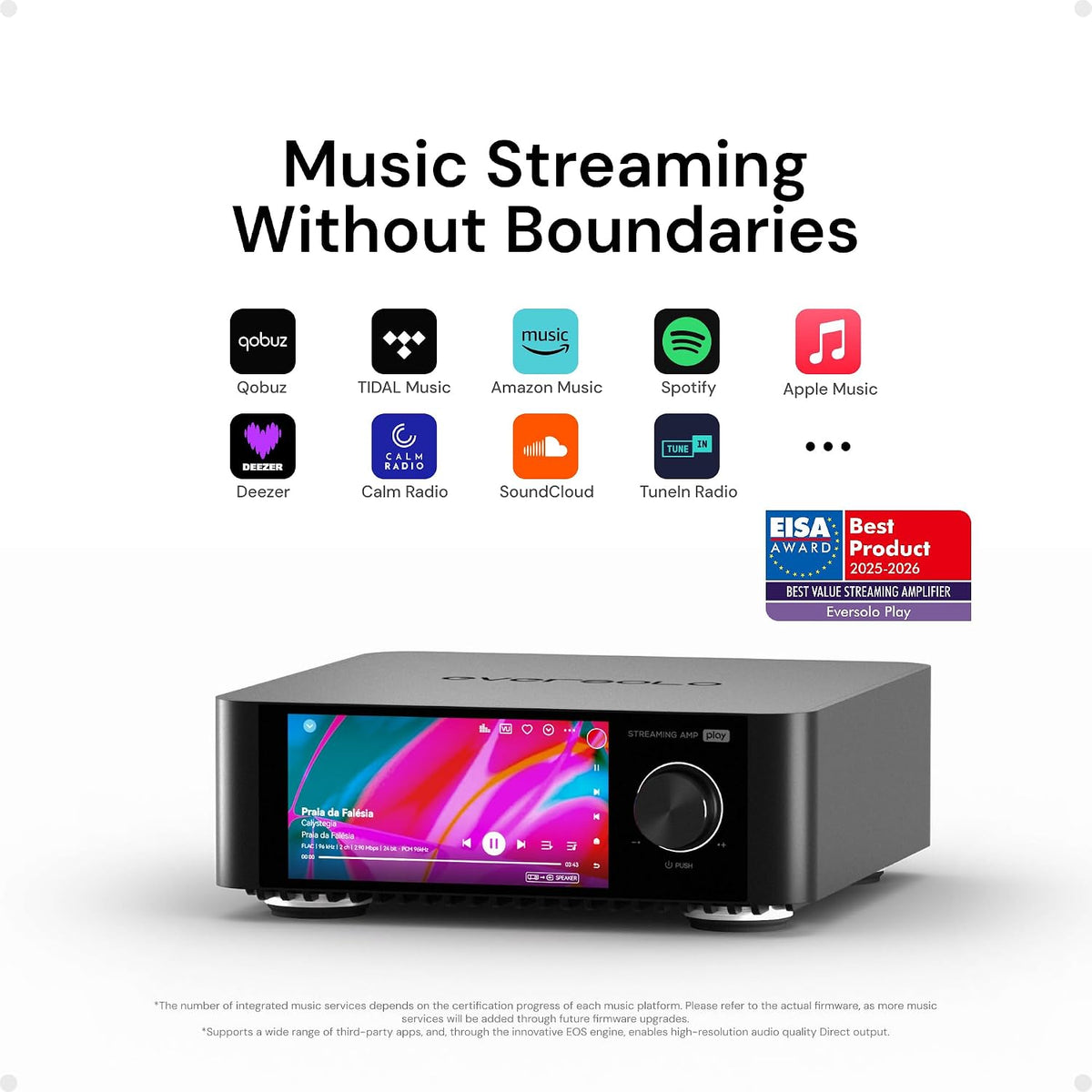 Eversolo Play | Music Streamer with DAC & Amplifier 60W×2ch(8Ω) / 110W×2ch(4Ω) | 5.5" LCD Touchscreen, Support Room Correction & Multi Room System, Stream Qobuz, Tidal&More | Black (Standard Edition)