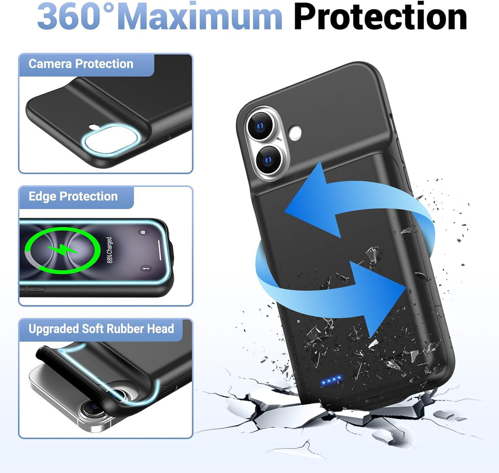 Battery Case for iPhone 16, [2026 Upgraded] 7000mAh Ultra-Slim Portable Charging Case Rechargeable Extended Battery Pack with Tempered Glass Screen Protectorfor iPhone 16 (6.1inch), Black