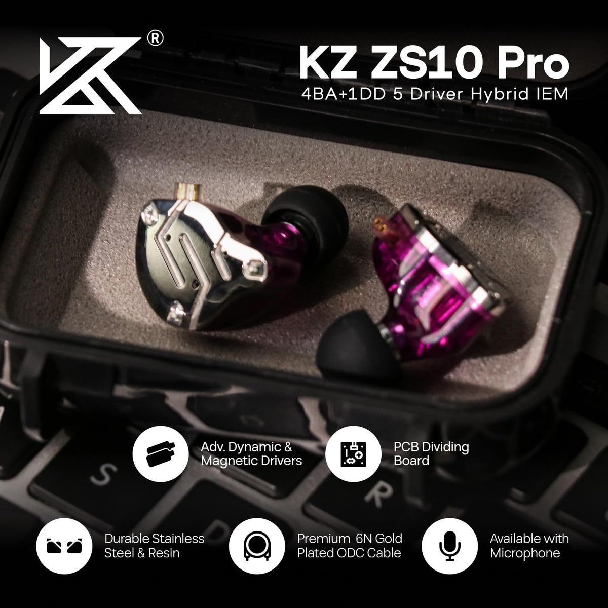 Linsoul KZ ZS10 Pro, 4BA+1DD 5 Driver in Ear Monitor, HiFi Wired Earbuds, Gaming Earbuds, Hybrid IEM Earphones with Stainless Steel Faceplate, Detachable Cable for Musician(Without Mic, Black)