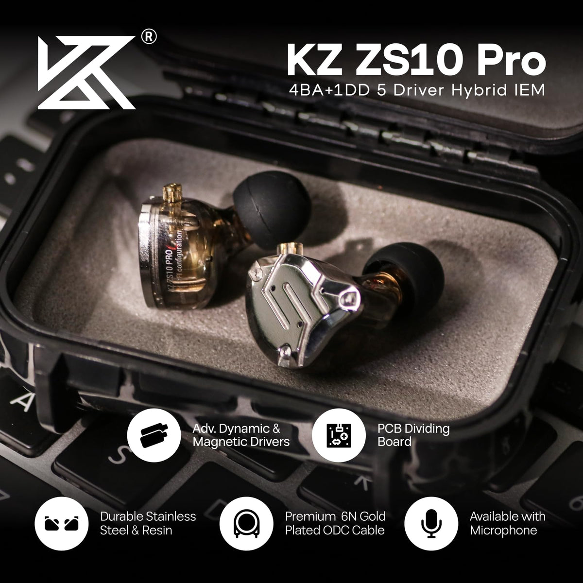 Linsoul KZ ZS10 Pro, 4BA+1DD 5 Driver in Ear Monitor, HiFi Wired Earbuds, Gaming Earbuds, Hybrid IEM Earphones with Stainless Steel Faceplate, Detachable Cable for Musician(Without Mic, Black)