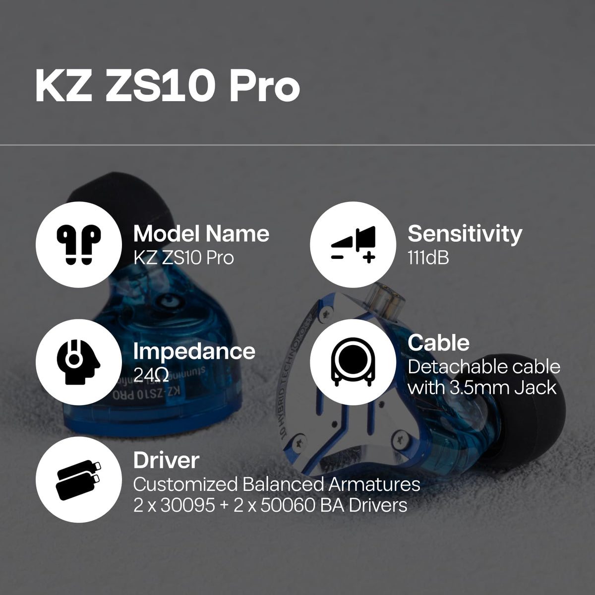 Linsoul KZ ZS10 Pro, 4BA+1DD 5 Driver in Ear Monitor, HiFi Wired Earbuds, Gaming Earbuds, Hybrid IEM Earphones with Stainless Steel Faceplate, Detachable Cable for Musician(Without Mic, Black)
