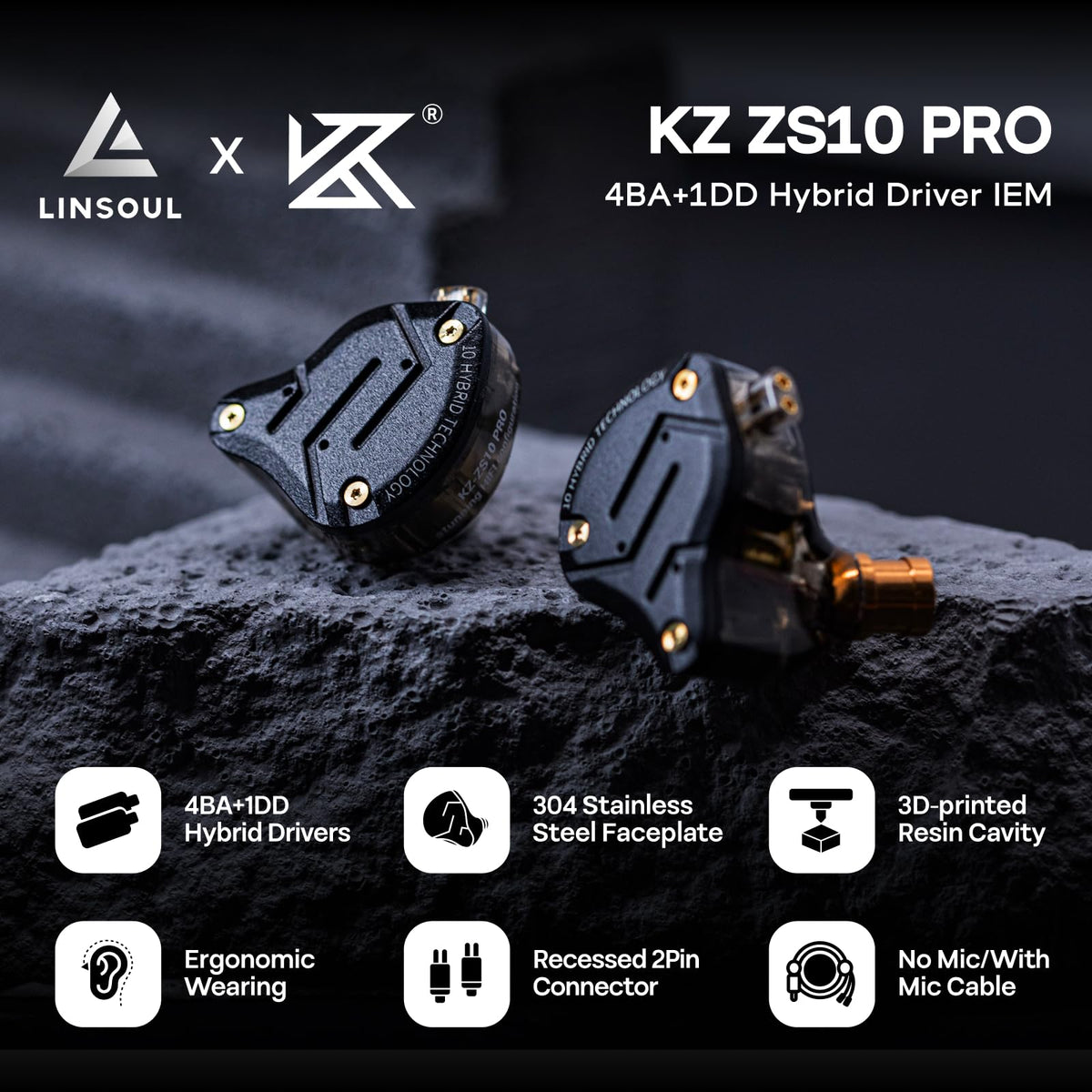 Linsoul KZ ZS10 Pro, 4BA+1DD 5 Driver in Ear Monitor, HiFi Wired Earbuds, Gaming Earbuds, Hybrid IEM Earphones with Stainless Steel Faceplate, Detachable Cable for Musician(Without Mic, Black)