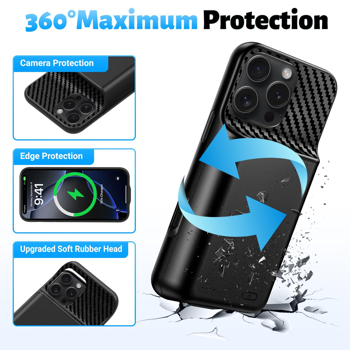 Battery Case for iPhone 16, [2026 Upgraded] 7000mAh Ultra-Slim Portable Charging Case Rechargeable Extended Battery Pack with Tempered Glass Screen Protectorfor iPhone 16 (6.1inch), Black