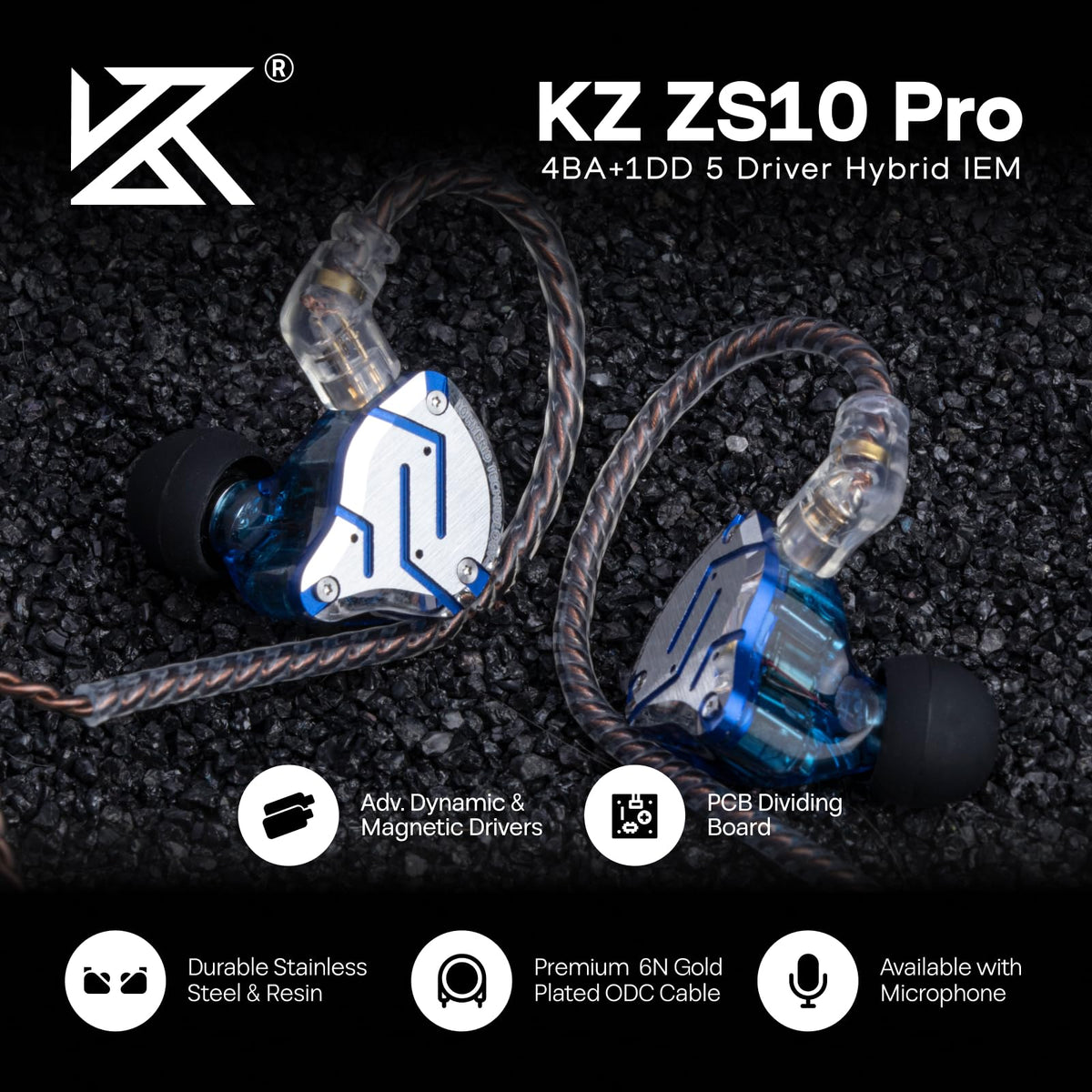 Linsoul KZ ZS10 Pro, 4BA+1DD 5 Driver in Ear Monitor, HiFi Wired Earbuds, Gaming Earbuds, Hybrid IEM Earphones with Stainless Steel Faceplate, Detachable Cable for Musician(Without Mic, Black)