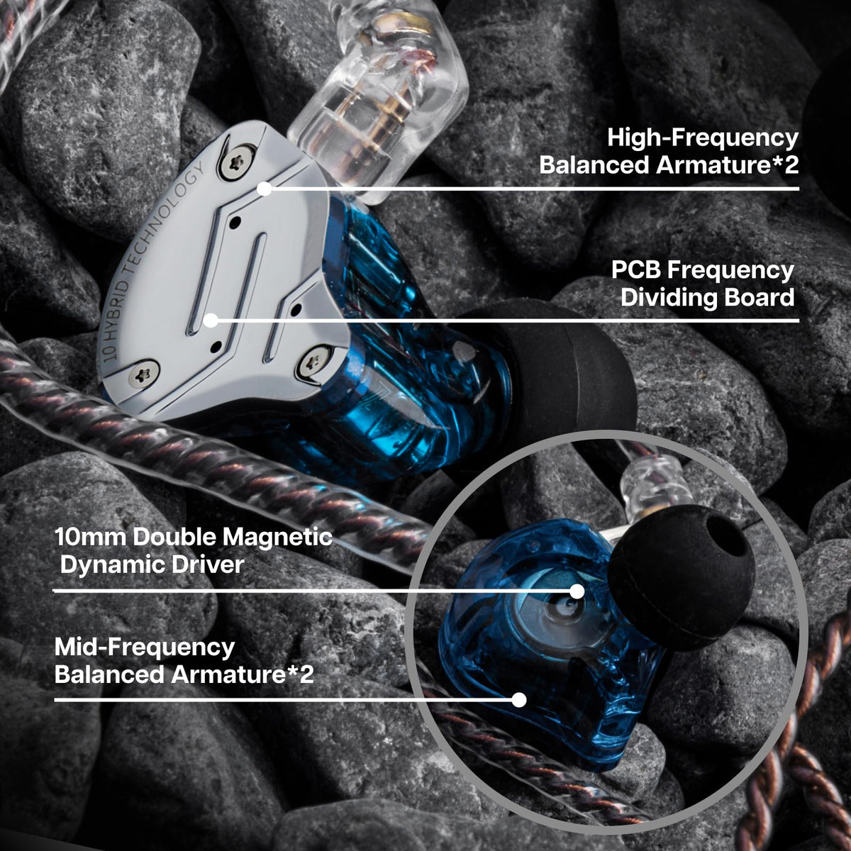 Linsoul KZ ZS10 Pro, 4BA+1DD 5 Driver in Ear Monitor, HiFi Wired Earbuds, Gaming Earbuds, Hybrid IEM Earphones with Stainless Steel Faceplate, Detachable Cable for Musician(Without Mic, Black)
